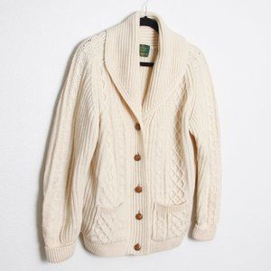 Vintage Thick Chunky Knit Fisherman Aran Wool Cardigan Sweater Shawl Collar L